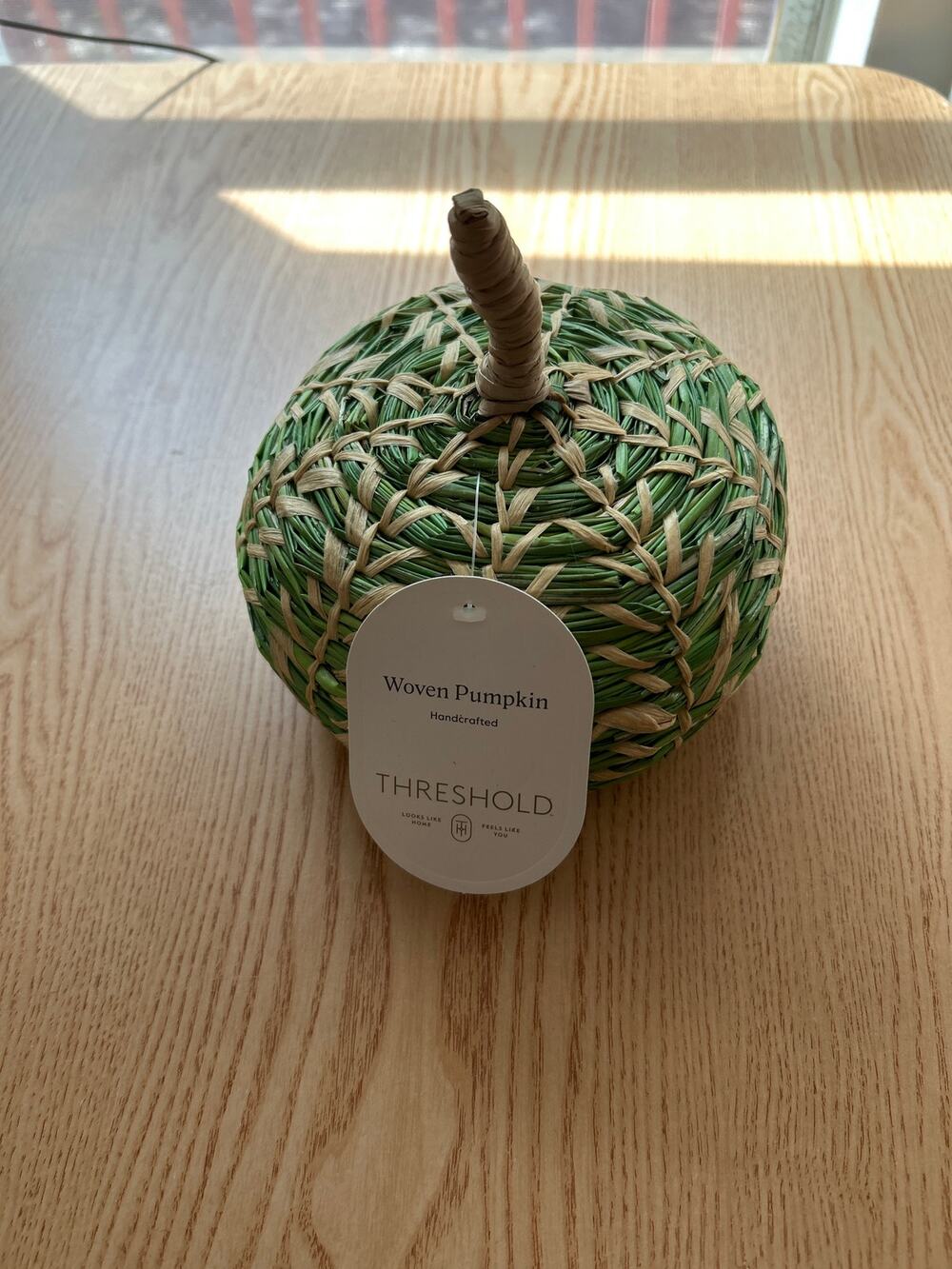 New Threshold Woven Handcrafted Pumpkin Green Natural Fall Halloween Decor 7"